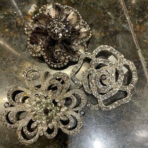 3 Elegant Silver Floral Brooch Set